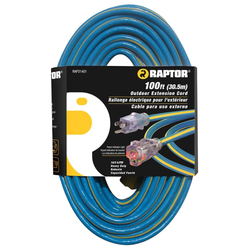 RAPTOR® 14/3 Heavy Duty Outdoor Extension Cord 100 Ft, Blue/Yellow